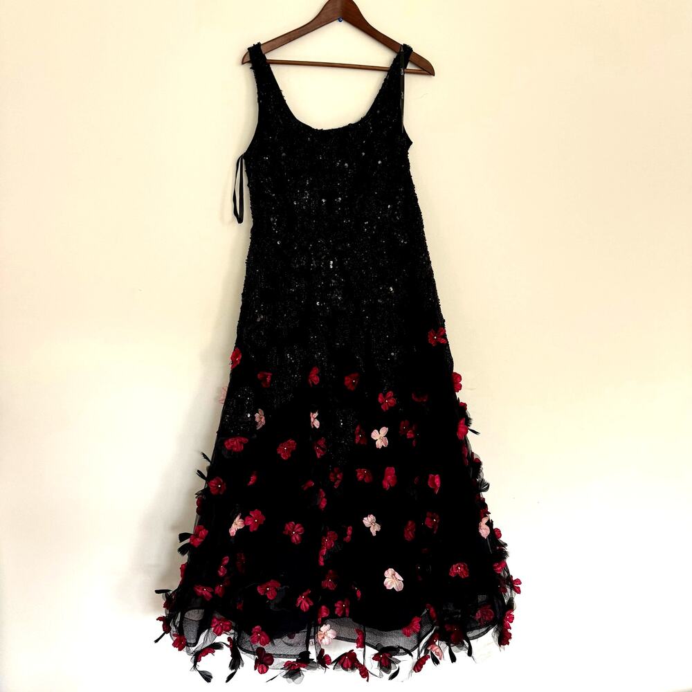 NEW Mag Duggal Sequin Floral Appliqué 3D FlowersBlack Midi Dress Size 10 - Picture 5 of 15